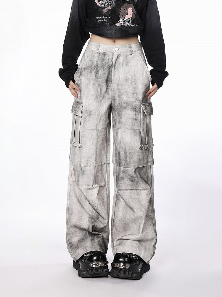 Cargo Wide-Leg Jeans with Utility Pockets White Gray Tie-Dye