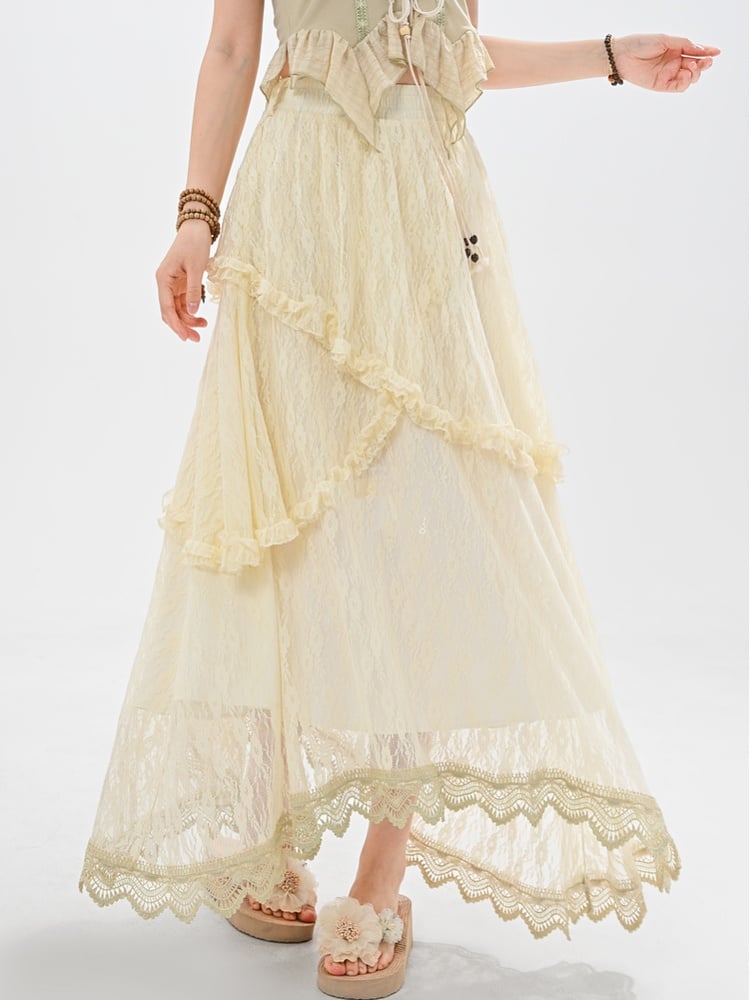 Apricot Elastic Waist Asymmetrical Lace Skirt