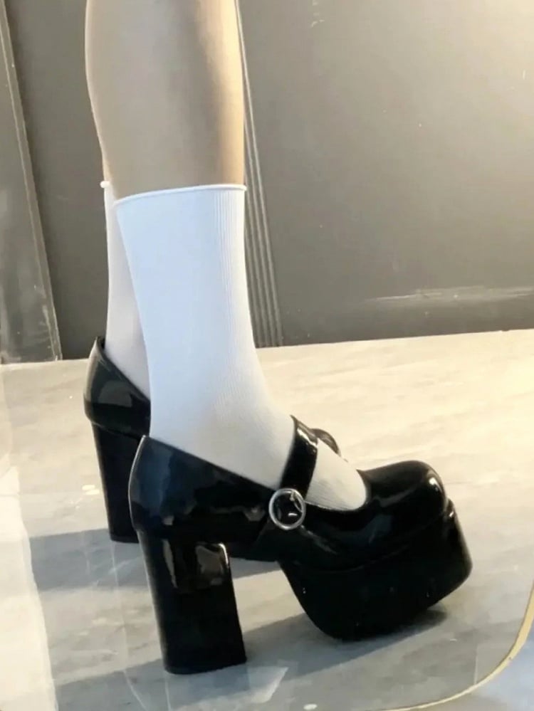 Y2K Absatz hoch – Mary Circular mit Akzent-Stil Schwarze Jane Blockschuhe Schnalle