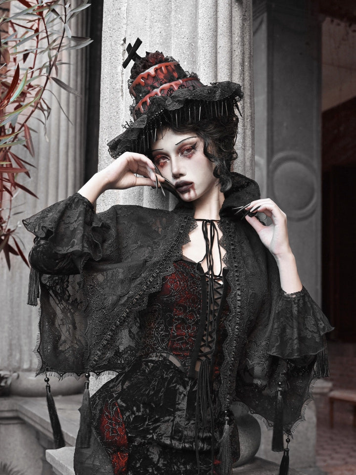 Goth Quasten Saum Spitze Vampir Ständer Schwarz Kragen Cape Schal