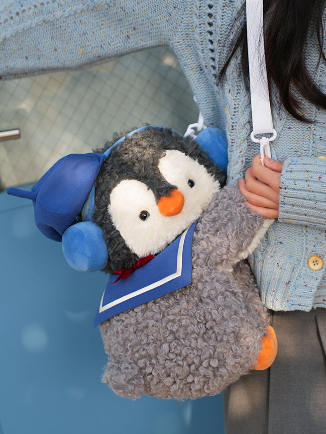 Sailor Penguin Gray Bag Plush Size Middle/Large Cute Blue + Hat Backpack/Crossbody Collar
