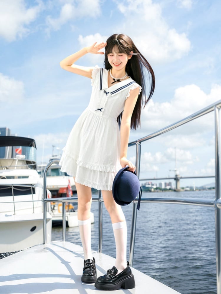 Trim Tiered Skirt Sleeveless Dress Contrast White Sailor Collar Flutter Sleeves Blue