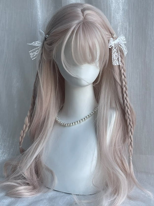 Dusty Pink Wavy Wig With Air Bangs
