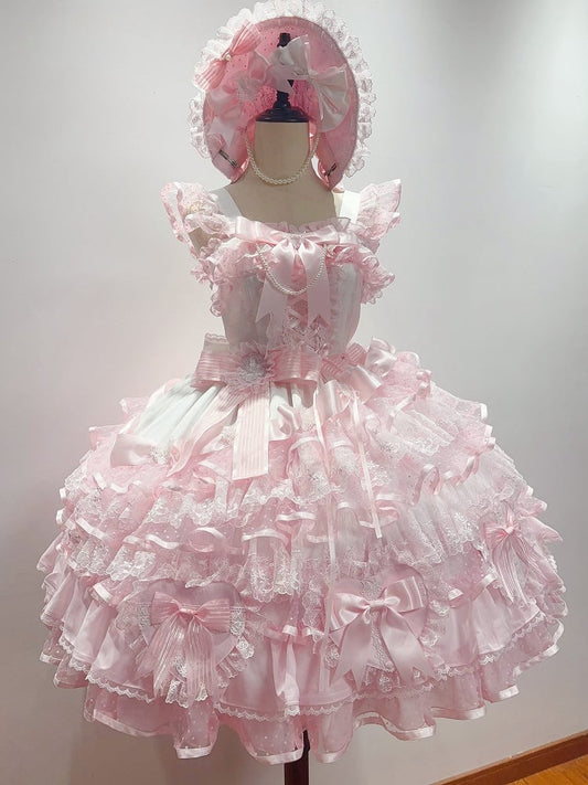 Skirt Dress Heart-shaped Princess Lolita White and Decoration Pink Hanayome Bows Layered Jumper