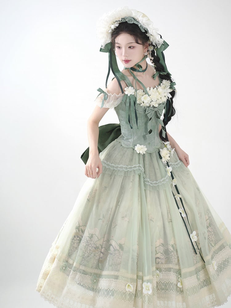 Decoration Set Jasmine Print Top Green Skirt Lolita Corset Classic Long Floral +