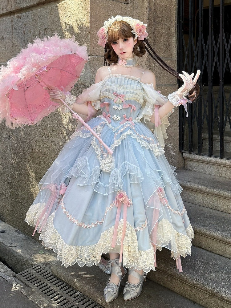 Ensemble complet Hanayome Lolita OP / taille basque bleue avec nœuds floraux