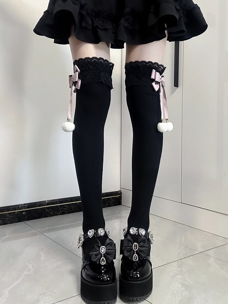 Jirai Kei Pompom-Details Spitzenbündchen Schleifen Overknee-Strümpfe