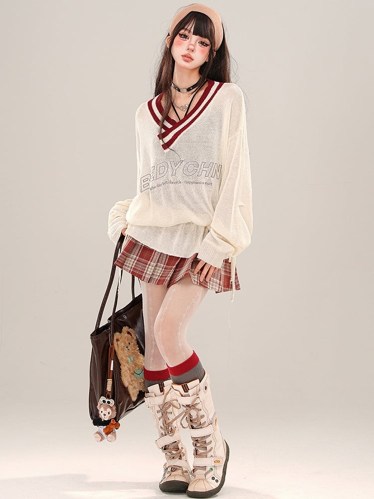 レッド/ブルーバックルプリーツチェックスカート ミニウエストハイストラップ