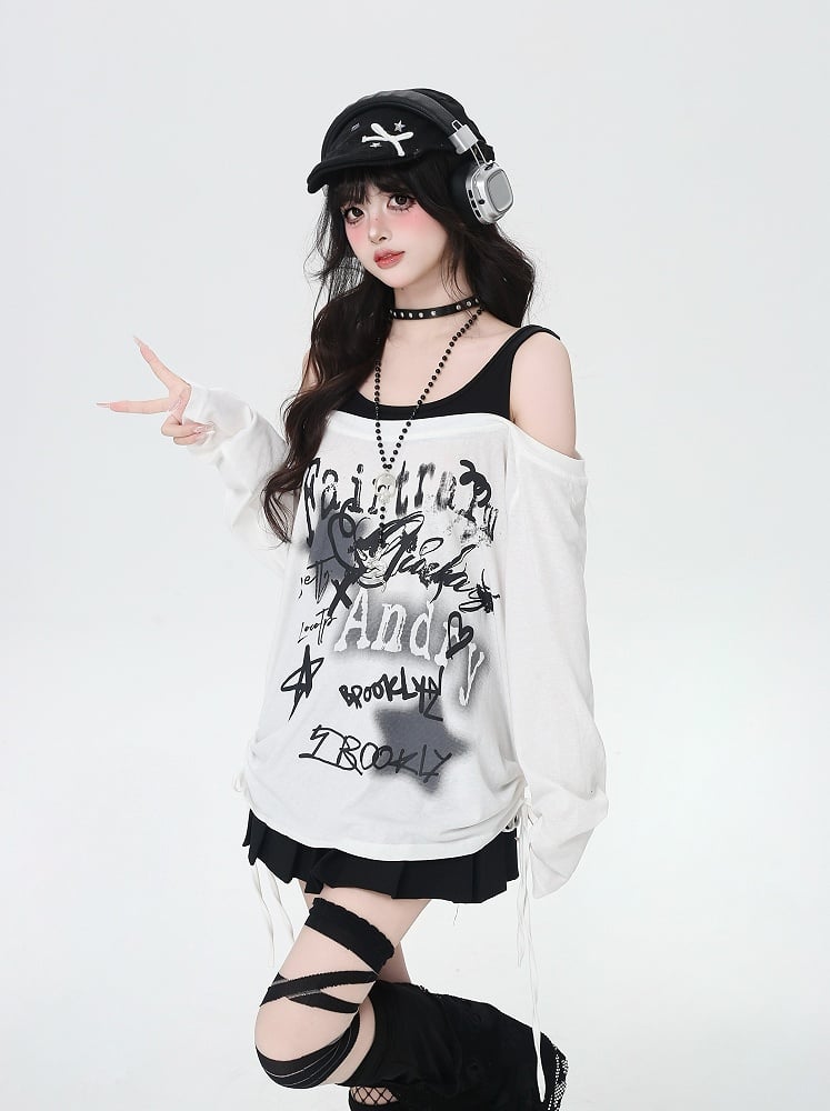 Star Y2K Print Open Shoulder Black/White Top Faux Two-pieces