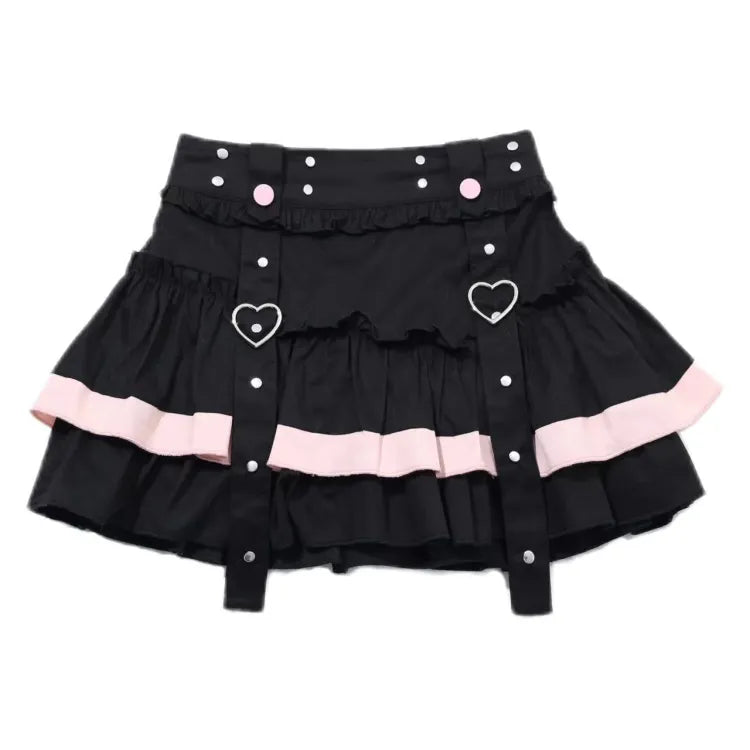 Black Tiered Skirt Mini Ruffles Pink and
