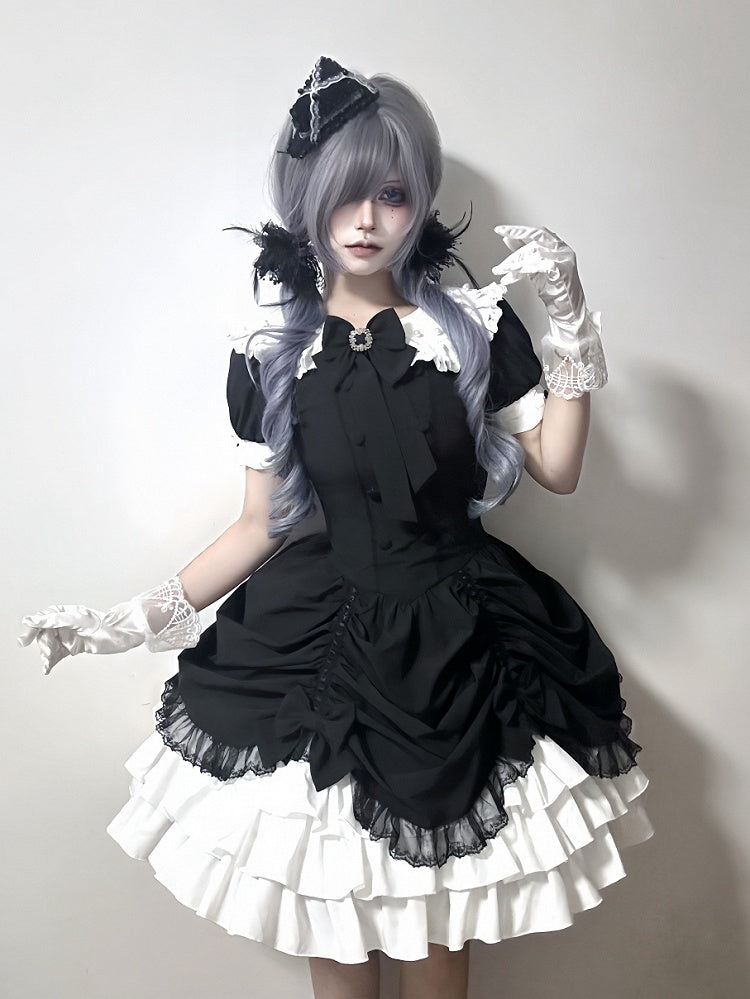 und asymmetrisches Kleid Schwarz Lolita Peter Pan Weißer Rock Stufen Gothic Ärmel Kragen Kurz