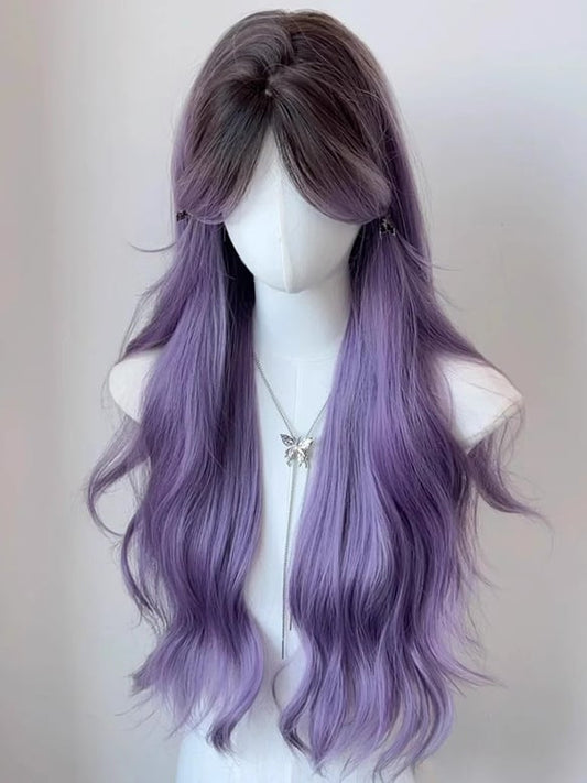 Purple Waist Length Wavy Synthetic Wig With Bangs