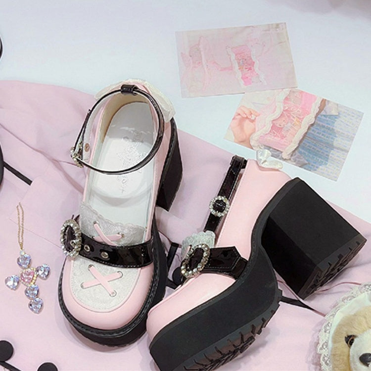 Kei Style Heels Shoes Black Jirai and Pink Landmine Chunky Platform