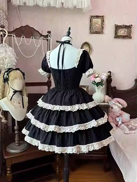 and Lolita Waist One Lace Piece Basque School Dress Beige Old Black Trim
