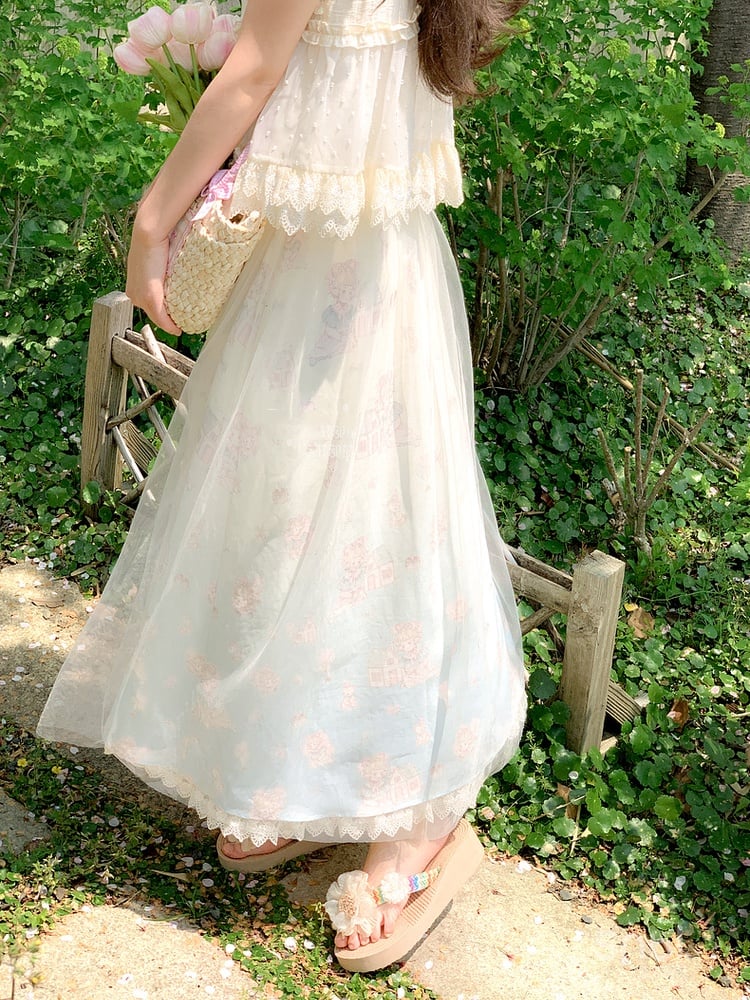 with Overlay Mesh Beige Elastic Waist Cute Cartoon Print Skirt