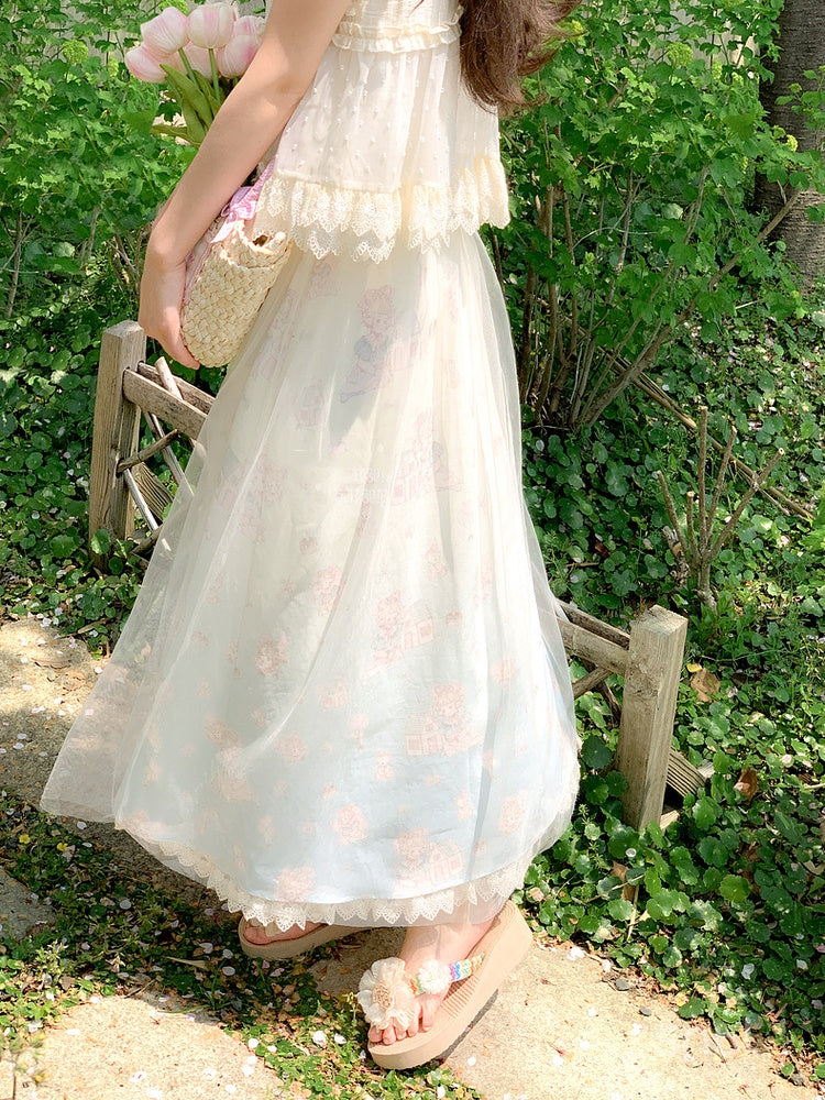 Mesh-Overlay Beige Elastische Taille Niedlichen Cartoon Print Rock mit