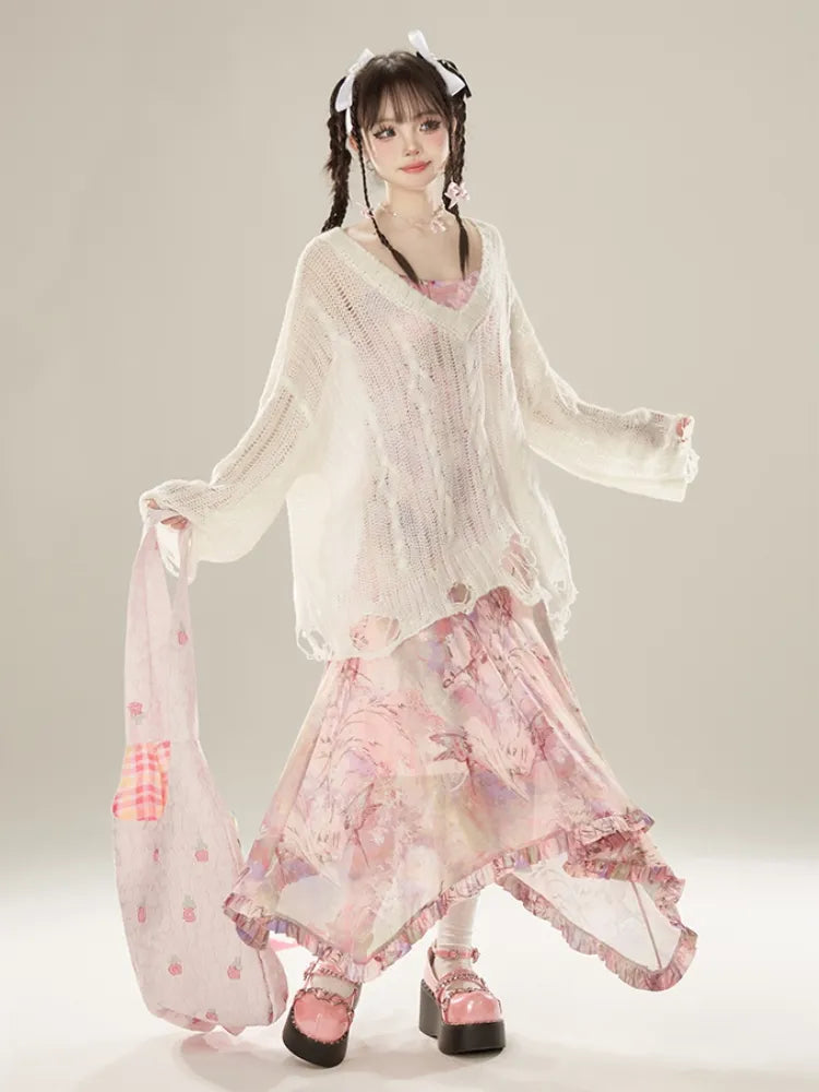 Pink Holiday Hem Asymmetrical Dress Butterfly Ruffle Midi Print