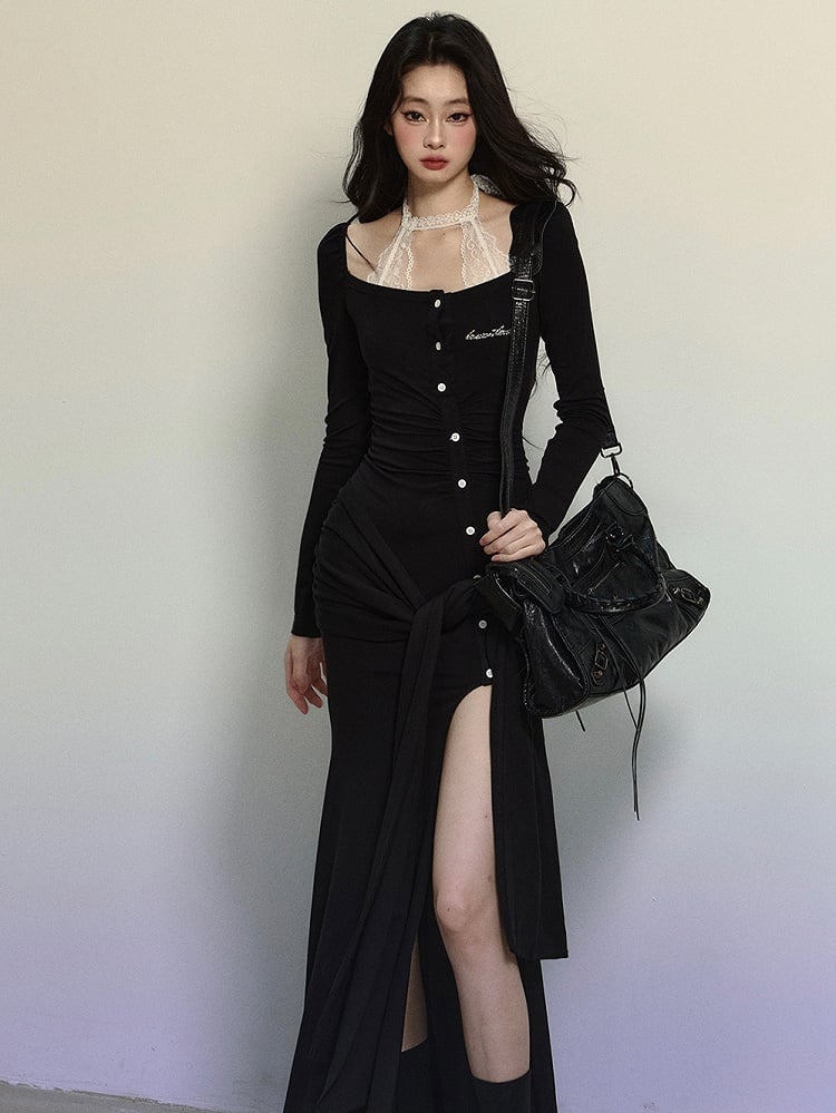 Schwarzes Strickkleid aus Spitze mit Neckholder und selbstbindenden Trägern bis zum Oberschenkel