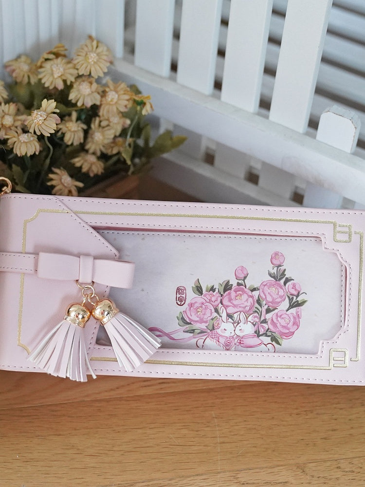 Bow Style Bag Floral Pattern Fringe PU Accent Ita Pink With Cheongsam