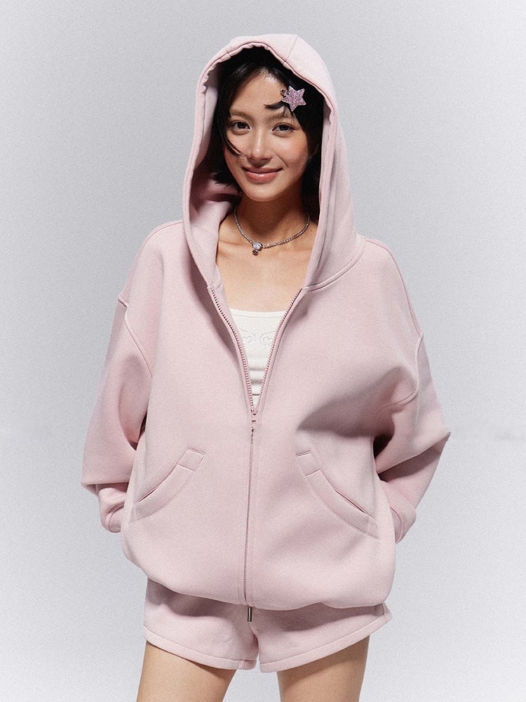 Sportswear Hoodie Zip-Up Waist Set: Pink Drawstring Shorts Jacket Casual