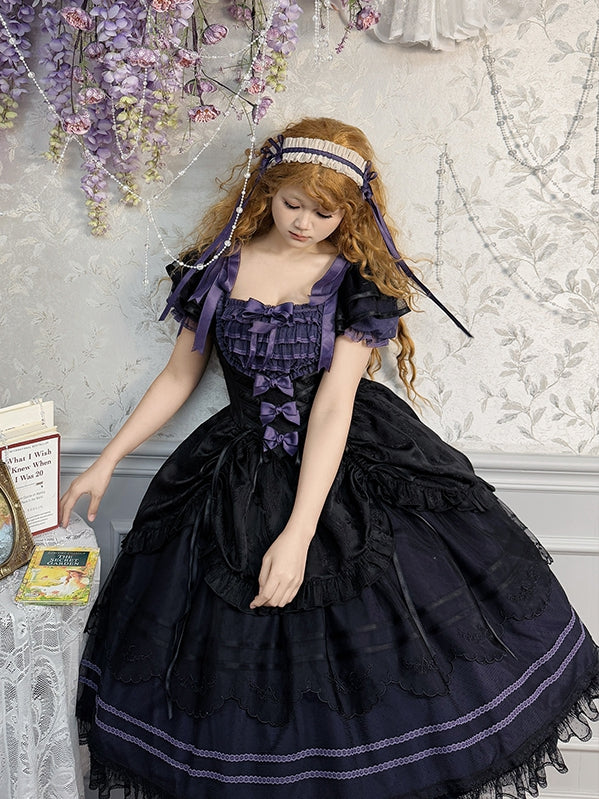 黒と紫のスクエアネックラインジャカードドローストリングスカートクラシックロリータドレス