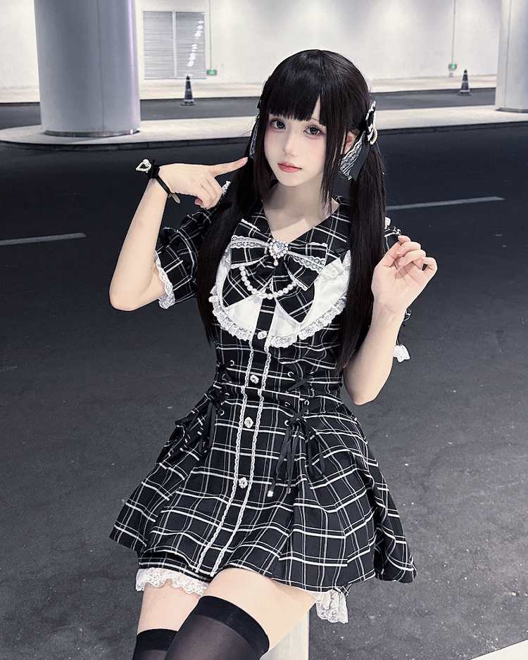 Mini Dress+Shorts Jirai Black Lace-up Plaid Set Embellished Details Kei Waist Rhinestones