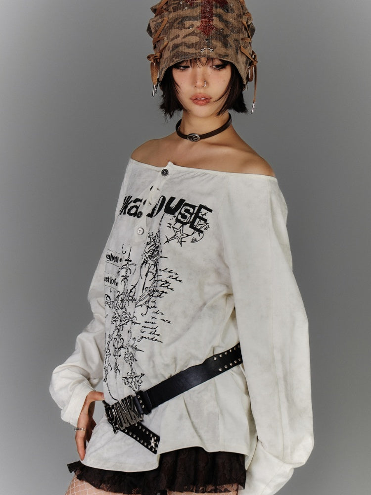 Apricot Off-the-shoulder Graphic Neckline Cotton Top Distressed