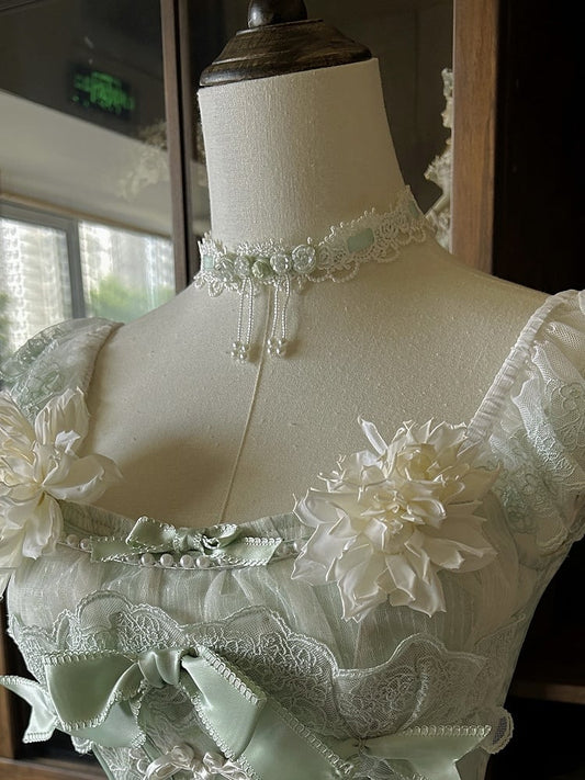 Beaded Mint Choker with Fringe Green-Accented Lace