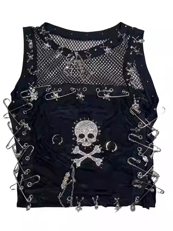 Details und Strass ärmelloses Pin Top Skelett Punk schwarz Cutout verziert