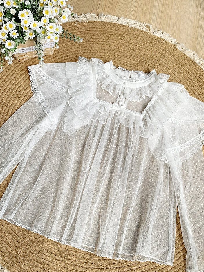 White Long Top Sleeves Tulle Sheer Dots Lace