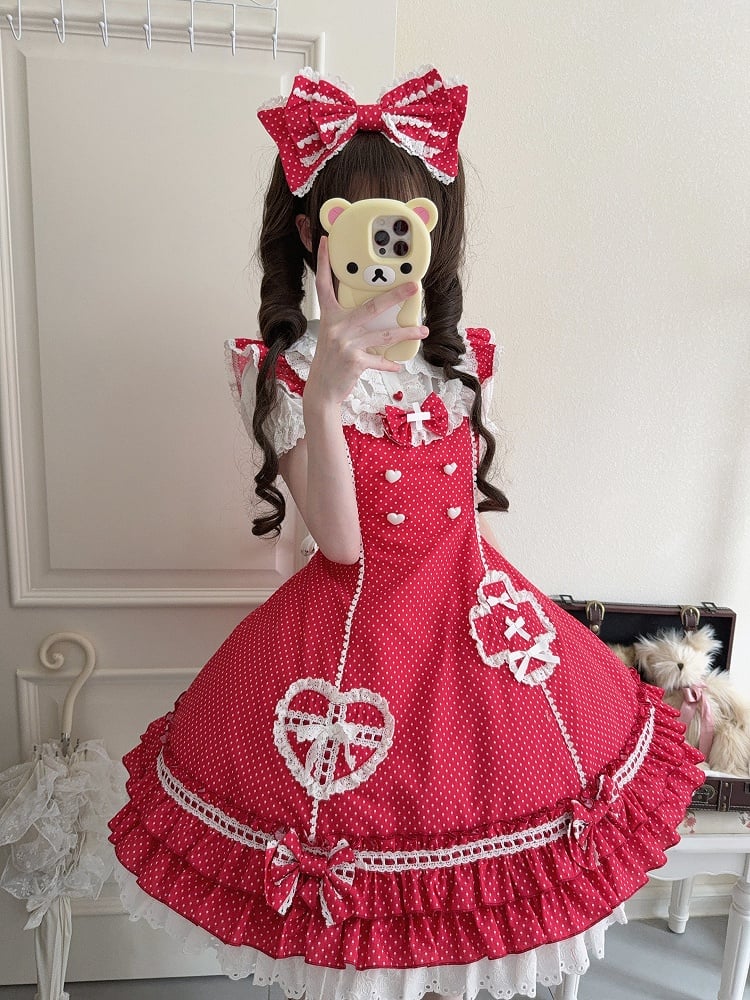 Ruffle Pattern Hemline Layered Dress Polka-dot Lolita Red Nurse