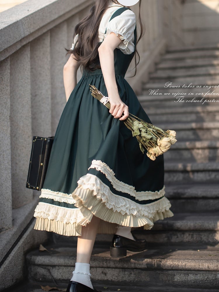 Green Overall Dress in High Waist Style Dark Preppy with Beige Lace Trim