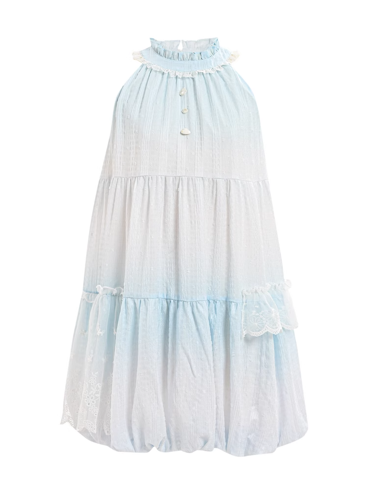 Light Skirt Buttons Sleeveless Dress Halter Neck Bubble Blue Ruffled Bead