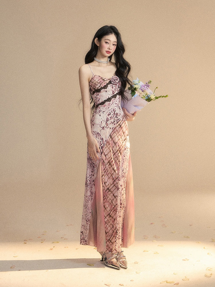 華やかなレースの花柄装飾柄ピンクヒョウ柄トリムスリップドレス