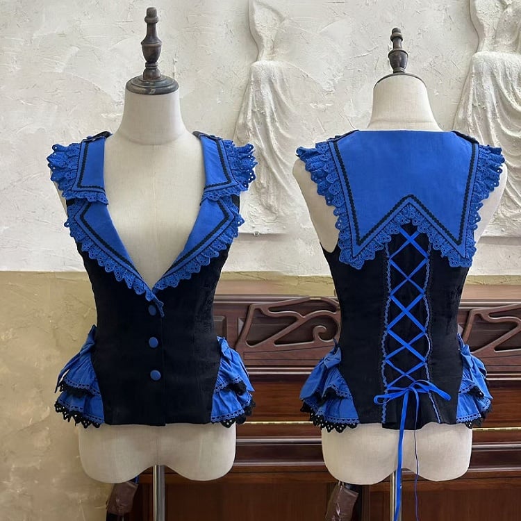 Blue Klein Trim Eyelet Lolita Waistcoat Gothic Lapel Black Collar Scalloped