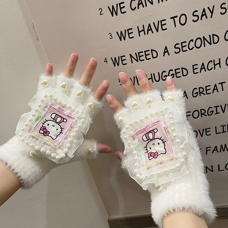 Black/White Cute Kitty Print Heart Beads Lace Details Plush Gloves