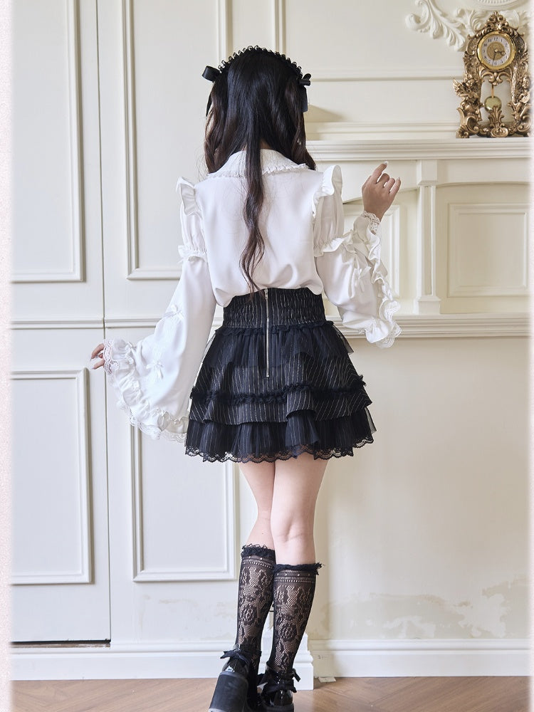 Jirai Kei Peter Collar Bowknot Sleeves Ruffled Lace Gothic Lolita Pan Trim White Blouse with Detachable Bell