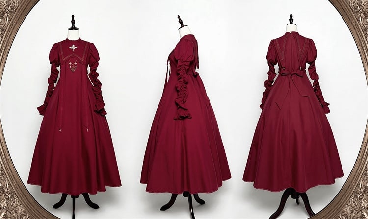 Wein Nonne Outfits Halloween Kleid Ärmel Kreuz Lolita Sammeln Stickerei Rot Juliette