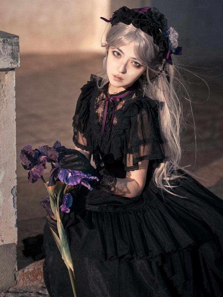 Lolita Butterfly Belt Black Dress Waist Elegant Classic with Sleeves Illusion Neckline Purple Edward