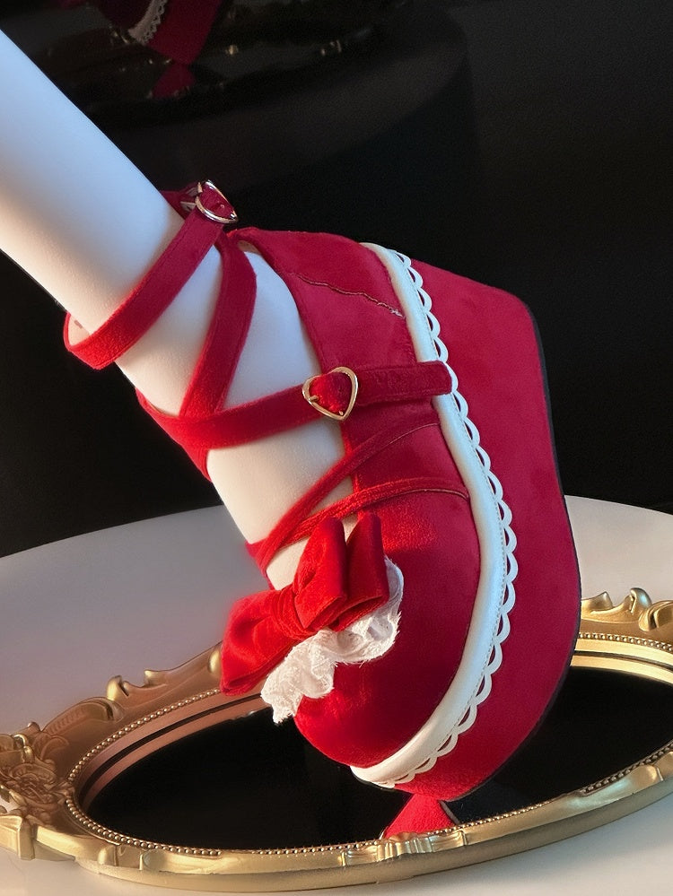 Lolita Velvet with Red Mary Janes - Crisscross Romantic for Lace Bow Design Accented Clasp