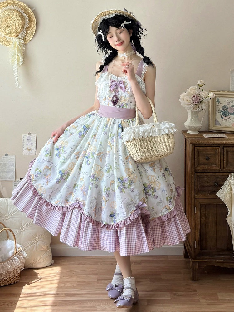 Hemline Gingham Dress Blueberry Lolita and Ice Cream Purple Print
