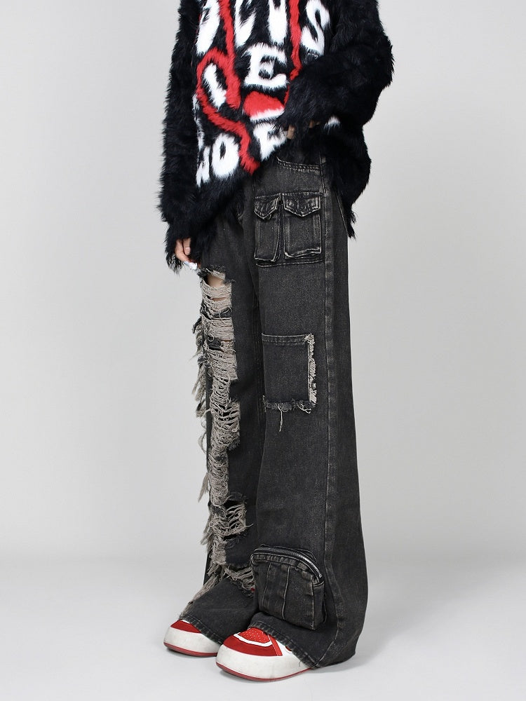 Black Faded Wash Distressed Multi-Pockets Jeans with Raw Hem