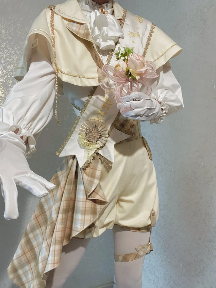 and - Outfit White Ouji Prince Cape Waist Lolita High Shorts Shirt + Gold