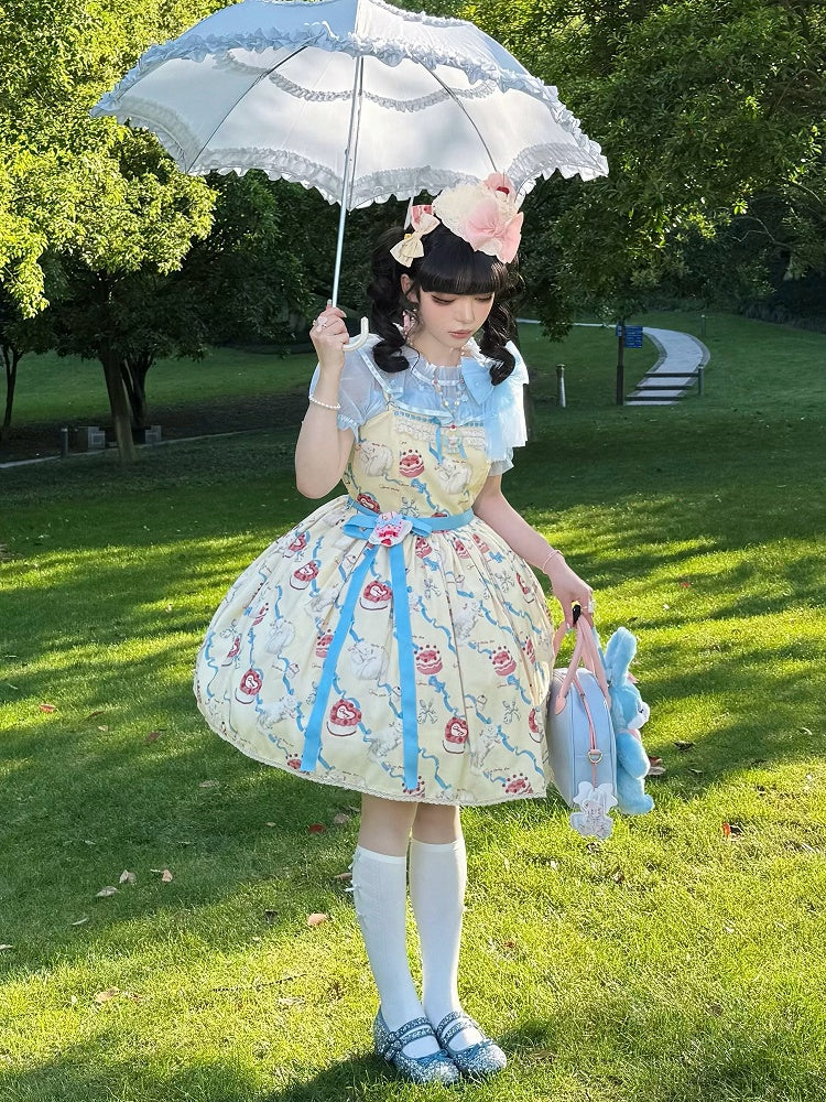 Cute Lolita Dress Sweet Showa Jumper Yellow Kitty Cream Print Skirt Fluffy