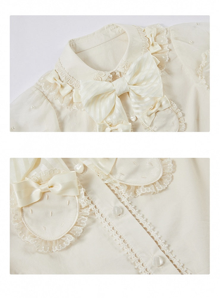 Beige Bluse mit abnehmbarem Schleifenausschnitt, Perlen und kurzen Puffärmeln