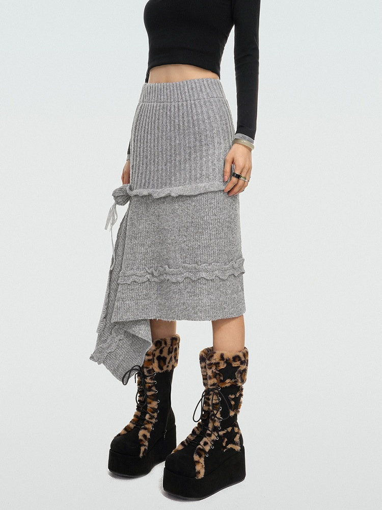 Asymmetrical Grey A-Line Knit Skirt with Rose Ribbon Detail