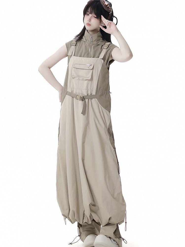 and Techwear Overall Bubble Skirt Details Khaki Snap Drawstring