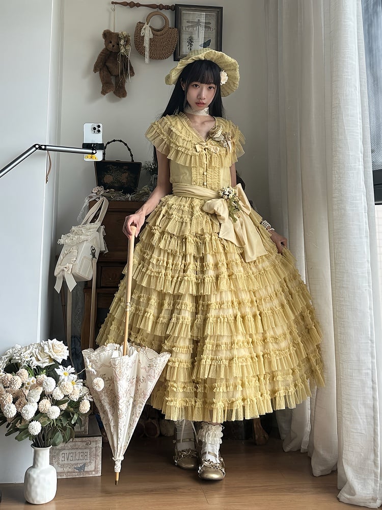 Belt Tulle Yellow Mesh Waist Set - Elegant Skirt + Lolita Vest Cotton Dotted Multi-layered Classic