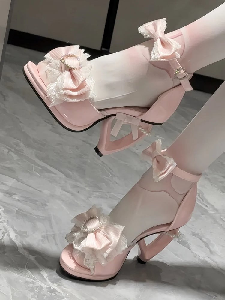 with Beaded Lolita Pink Shoes High-heel Hime Embellishments