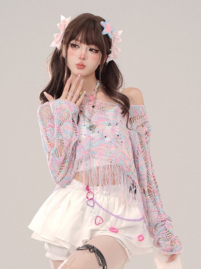 Colerful Hollow-Out Knit Top with Distress Trim One-Shoulder